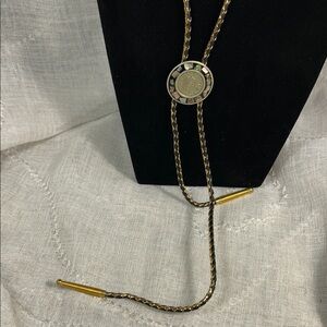 Vintage Bolo tie western leather, ornate medallion Mayan Calendar abalone inlay